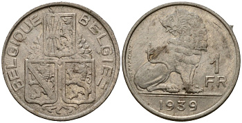 Бельгия 1 франк 1938 Belgique - Belgie KM 119 никель 4601-635