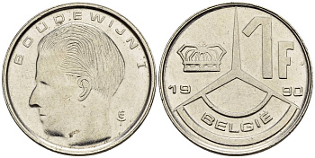 Бельгия 1 франк 1990 Belgie, Бодуэн I (1951-1993) KM 171 нержавеющая сталь 4528-1047