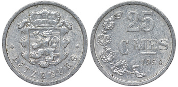 Люксембург 25 сантимов 1954 KM 45a.1 алюминий 4164-353