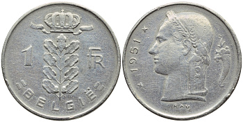 БЕЛЬГИЯ 1 ФРАНК 1951 BELGIE KM 143.1 медно-никель 4390-327