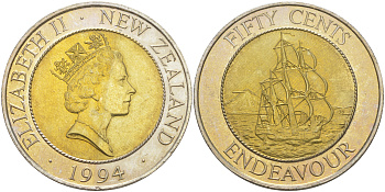 Новая Зеландия 50 центов 1994 Елизавета II (1952-2022), парусник Индевор KM 90 биметалл UNC 1522-1345