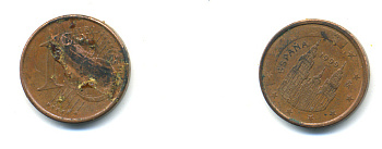 ИСПАНИЯ 1 ЕВРОЦЕНТ 1999 KM 1040 сталь плакированная медью 176-643