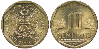 Перу 10 сентимо 2008 KM 305.4 латунь aUNC 4605-631