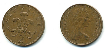 Великобритания 2 пенса 1971 Елизавета II (1952-2022) КМ 916, Spink 4235 (C1) бронза 4110-613