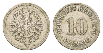 Германия 10 пфеннигов 1889 A, Вильгельм II (1888-1918) KM 4, J. 4 медно-никель 4636-543