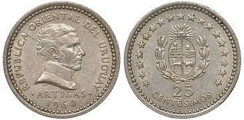 Уругвай 25 сентесимо 1960 KM 40 медно-никель 4580-1159