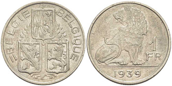 БЕЛЬГИЯ 1 ФРАНК 1939 BELGIE-BELGIQUE, ЛЕОПОЛЬД III (1934-1950) KM 120 никель 202-1135