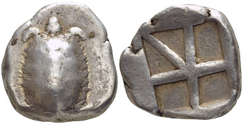 Аттика, о-в Эгина статер 456-404 гг. до н.э. сухопутная черепаха / квадратное углубление, разделенное линиями на пять частей, 12,20 гр SNG Copenhagen 517 серебро 00-821-50