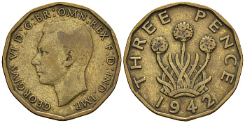 Великобритания 3 пенса 1942 Георг VI (1936-1952) KM 849, Spink 4112 никель латунь 4610-1055