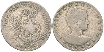 Бразилия 200 реалов 1901 MCMI, голова свободы вправо KM 504 медно-никель 4612-142