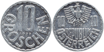 АВСТРИЯ 10 ГРОШЕЙ 1977 KM 2878 алюминий 4396-1117