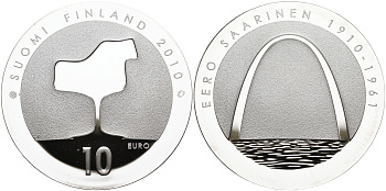Финляндия 10 евро 2010 Элиэль Сааринен, архитектор KM 151 серебро  PROOF 11-164-15