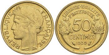 ФРАНЦИЯ 50 САНТИМОВ 1939 ТИП MORLON KM 894.1, LE FRANC 192.15 алюминиевая бронза 44-841