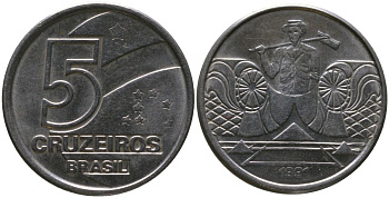 Бразилия 5 крузейро 1991 KM 618.2, Schon 127a нержавеющая сталь 4519-522