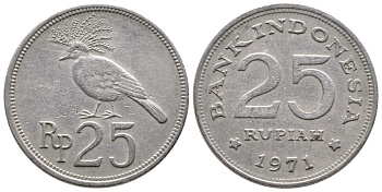 Индонезия 25 рупий 1971 венценосный голубь KM 34 медно-никель 177-1262
