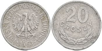 ПОЛЬША 20 ГРОШЕЙ 1963 MW KM А47 алюминий 4556-331