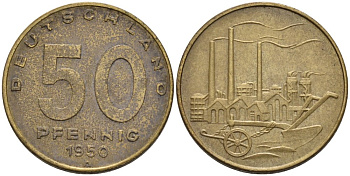 ГДР 50 пфеннигов 1950 А, фабрика KM 4 алюминиевая бронза 4575-515