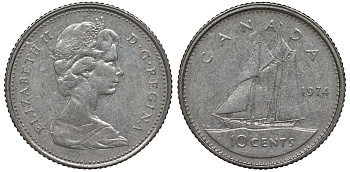 Канада 10 центов 1974 парусник, Елизавета II (1952-) KM 77.1 никель 4124-514