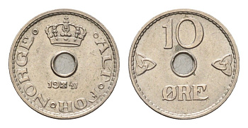 Норвегия 10 эре 1941 KM 383 медно-никель UNC 4625-947