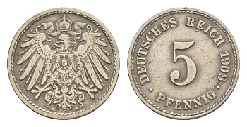 Германия 5 пфеннигов 1908 A, Вильгельм II (1888-1918) KM 11, J. 12 медно-никель 4640-124