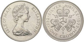 Остров Мэн 1 крона 1977 25 лет правления Королевы Елизаветы II, герб KM 41 медно-никель BU 00-1067-5-14