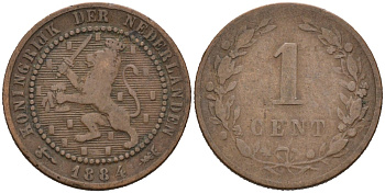 Нидерланды 1 цент 1884 Виллем III (1849-1890) KM 107 бронза 4576-616