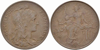 ФРАНЦИЯ 10 САНТИМОВ 1913 ТИП ДАНИЭЛЬ ДЮПЮИ KM 843, LA FRANC 136.23 бронза 109-333