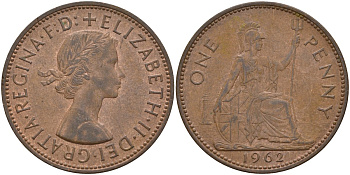 Великобритания 1 пенни 1962 Елизавета II (1952-2022) КМ 897, Spink 4157 бронза 4144-925