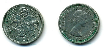 Великобритания 6 пенсов 1957 Елизавета II (1952-2022) KM 903, Spink 4149 медно-никель 61-1134