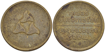 НИДЕРЛАНДЫ ЖЕТОН КОФЕЙНЫЙ ТОРГОВЫЙ ЖЕТОН ДЛЯ КОФЕЙНОГО АВТОМАТА, MAAS AUTOMATEN, ДИАМЕТР 20 ММ. желтый металл 28-742