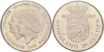 Нидерланды 2 1/2 гульдена 1980 коронация Беатрикс, 30 апреля 1980 KM 201 никель 4587-1014