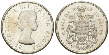 Канада 50 центов 1963 Елизавета II (1952-2022) KM 56 серебро UNC 68-911