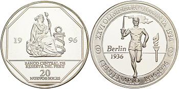 Перу 20 солей 1996 XXVI Олимпийские игры 1996 года в Атланте, 100 лет Олимпийскому движению, олимпийский огонь, пробник, рубчатый гурт серебро PROOF 06-159-14