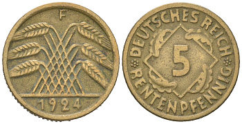 Германия 5 рентенпфеннигов 1924 F KM 32, J. 308 алюминиевая бронза 4115-1026
