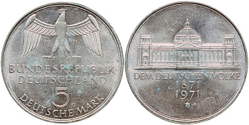 ФРГ 5 марок 1971 G, 100 лет основания Германской Империи KM 128.1, J. 409 серебро aUNC 1529-312