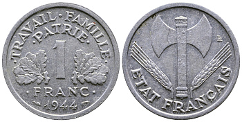 ФРАНЦИЯ 1 ФРАНК 1944 ТИП LEGERE, ПРАВИТЕЛЬСТВО ВИШИ KM 902.1, LE FRANC 223.5 алюминий 25-515