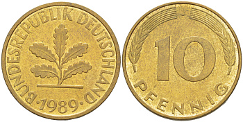ФРГ 10 ПФЕННИГОВ 1989 J KM 108, J. 383 сталь плакированная латунью 4182-951