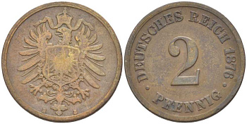 ГЕРМАНИЯ 2 ПФЕННИГА 1876 B, СТАРОГЕРБОВКА KM 2, J. 2, Weege 3 медь 212-653