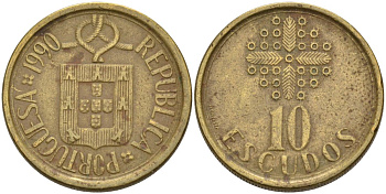 Португалия 10 эскудо 1990 KM 633 никель латунь 4571-944