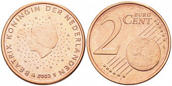 Нидерланды 2 евроцента 2003 Беатрикс (1980-2013) KM 235 сталь плакированная медью UNC 3457-1123