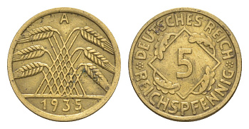 Германия 5 рейхспфеннигов 1935 A KM 39, J. 316 алюминиевая бронза 4636-744
