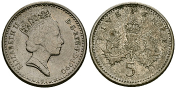 Великобритания 5 пенсов 1990 Елизавета II (1952-2022) KM 937b, Spink 4372 (D4) медно-никель 4173-1238