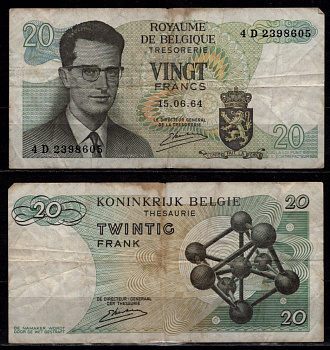 Бельгия 20 франков 1964 Бодуэн I; Атомиум, Брюссель Pick 138 (3) бумага 7548-118-3-1