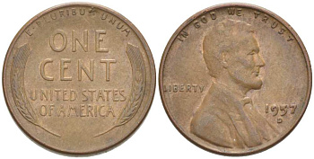 США 1 ЦЕНТ 1957 D, ЛИНКОЛЬН KM А132 медь цинк 3309-1212
