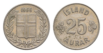 Исландия 25 эйре 1966 KM 11 медно-никель aUNC 4632-435