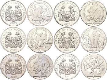 Сьерра-Леоне полный набор из 6 монет (1 доллар) 2009-2011 Обезьяны - Мартышка диана, Капуцин, Шимпанзе, Орангутан, Горная горилла, Чернорукий гиббон KM 364, 365, 366, 367, 368, 369 медно-никель BU 00-00