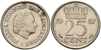Нидерланды 25 центов 1957 Юлиана (1949-1980) KM 183 никель    4598-361