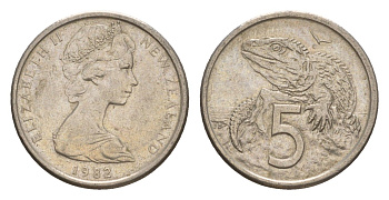 Новая Зеландия 5 центов 1982 Елизавета II (1952-2022), ящерица гаттерия KM 34.1 медно-никель 4178-353