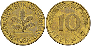 ФРГ 10 пфеннигов 1988 D J. 383, KM 108 сталь плакированная латунью    4603-551