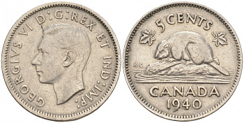 Канада 5 центов 1940 бобр, Георг VI (1937-1952) KM 33 никель 73-1151